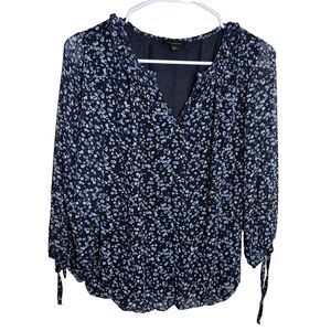 Tamara H Blouse Women's Small Floral V-Neck 3/4 Sleeve Lined Tie Sheer Top